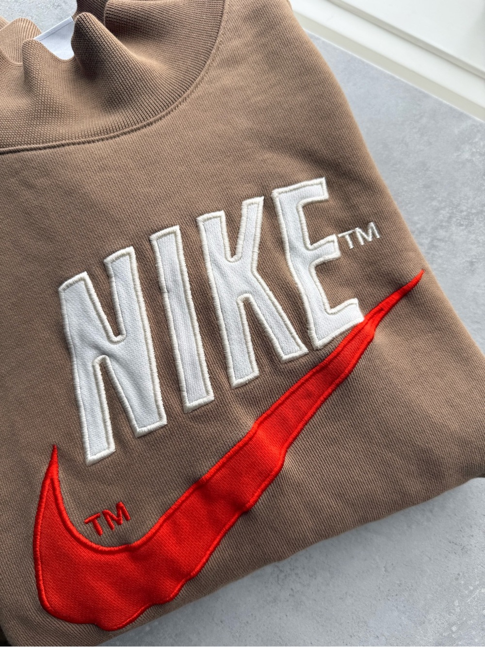 Nike aesthetic HYPE Brown Crewneck Sweatshirt with Red Swoosh
